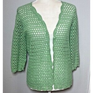 Norm Thompson Womens knit crochet Cardigan Sweater Medium Linen green smALL VTG